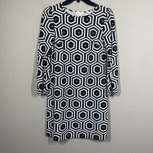 Jude Connally Small Geo Honeycomb Shift Dress Black White Crew Neck Long Sleeves